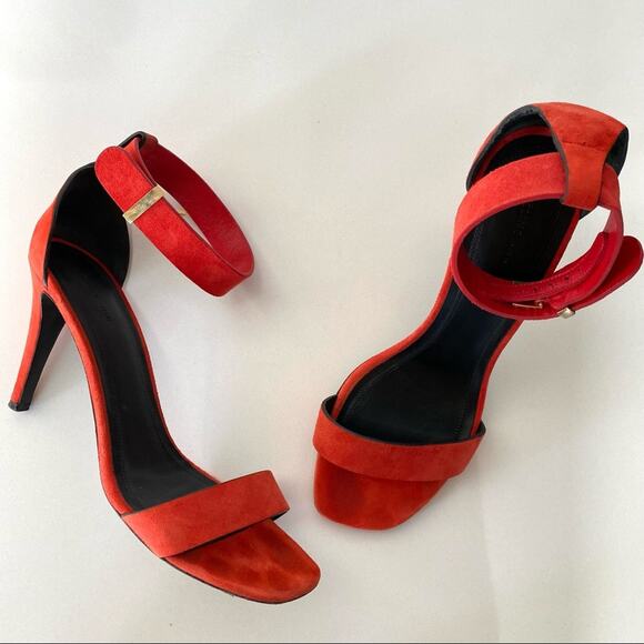 CELINE PARIS Italy Red Suede Gold Stiletto Ankle Strap High Heel Sandals 37 - Picture 2 of 14